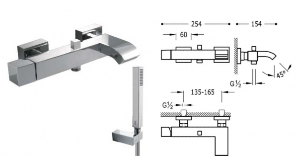 Tres cuadro-tres Armatur für Badewanne mit Handbrause und Schlauch