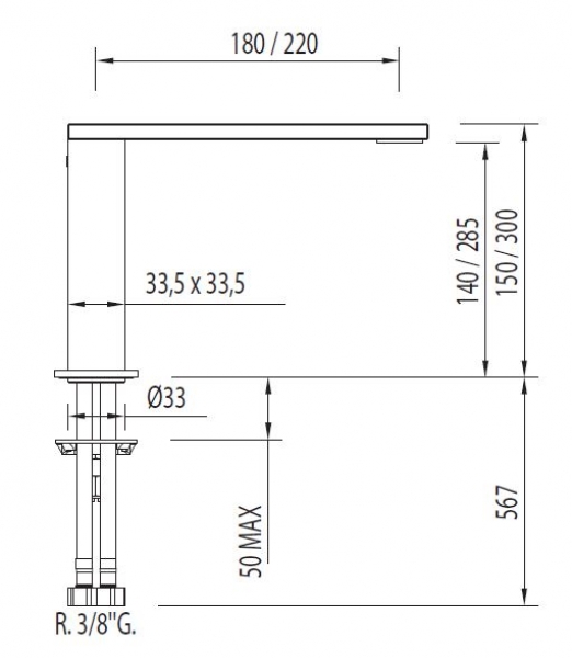 Tres cuadro-tres Armatur für Waschtisch mit 34 x 10 mm-Rohrauslauf