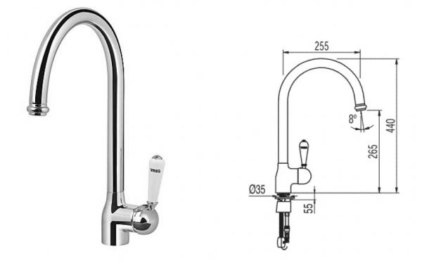 Tres Armatur retro-tres für Spülbecken mit Auslauf herausziehbar