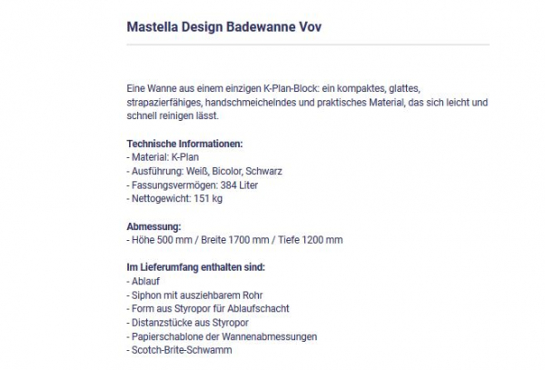 Mastella Vov freistehende Design-Badewanne